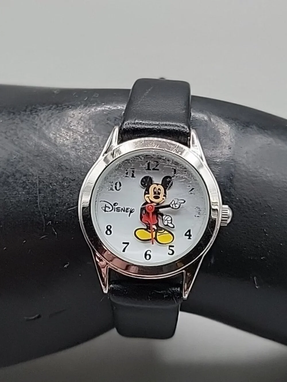 Vintage Disney Mickey Mouse Watch Silver Tone, Hadley-Roma Leather Strap - Runs